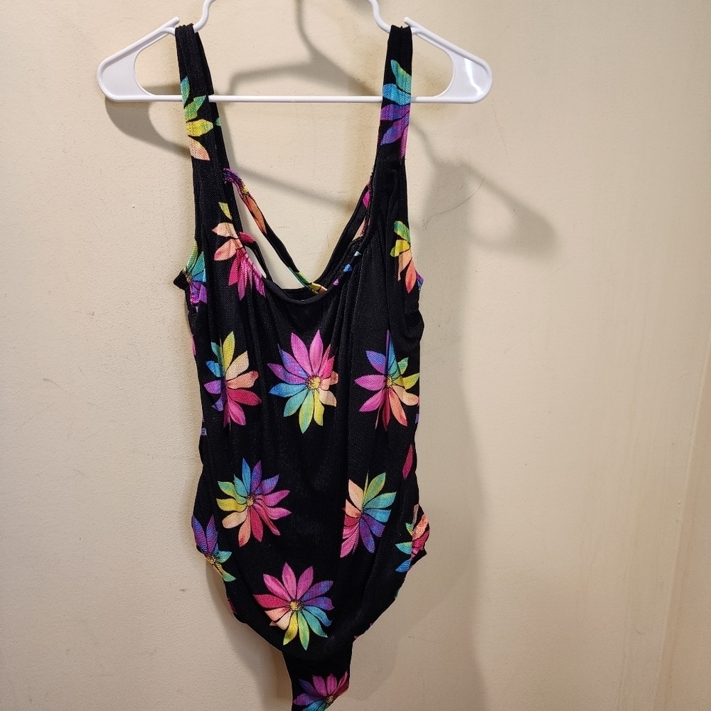 ROBBY LEN Swimfashions Vintage Black Neon Floral One Piece Bathing Suit Swim 16